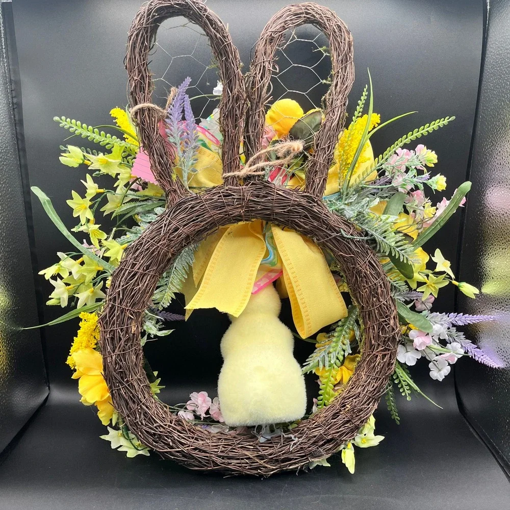Easter Bunny Grapevine Wreath Yellow Velvet Rabbit Spring Floral Door 21